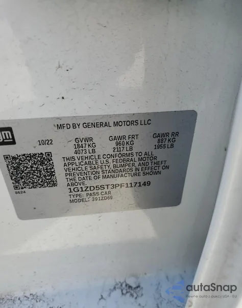 2023 Chevrolet Malibu Lt z USA, uszkodzony, nr VIN 1G1ZD5ST3PF117149